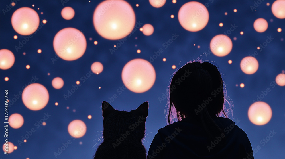 Obraz premium Girl and cat watching glowing lanterns in night sky. Magical dreamy scene with friendship, wonder, light, and serene atmosphere, perfect for fantasy or storytelling visuals