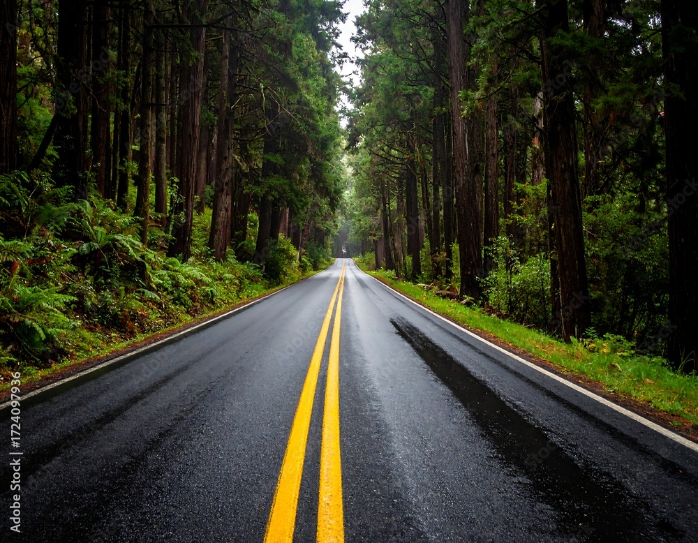 Fototapeta premium A wet road through a redwood forest