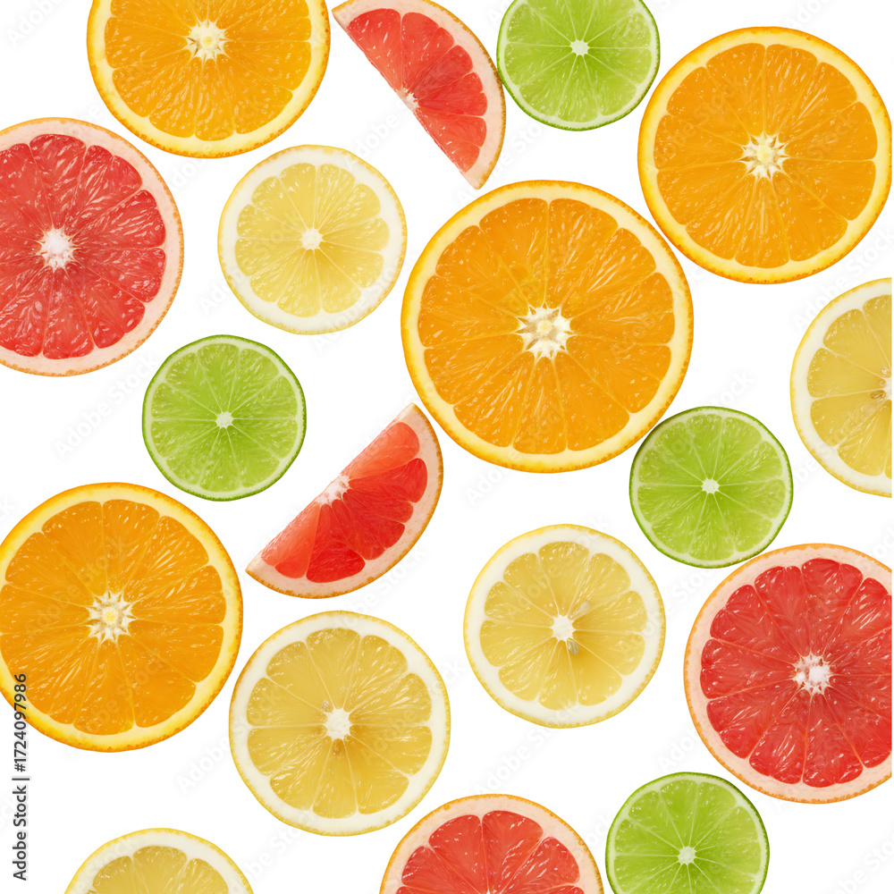 Fototapeta premium Colorful slices of citrus fruits arranged on a transparent background 