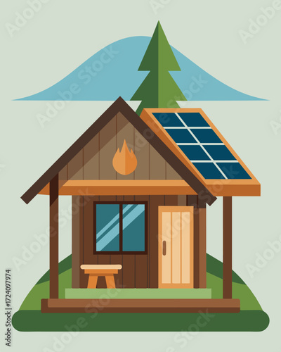 A rustic cabinstyle shelter complete with solarpowered lighting and heating for the comfort of its inhabitants.. Vector illustration