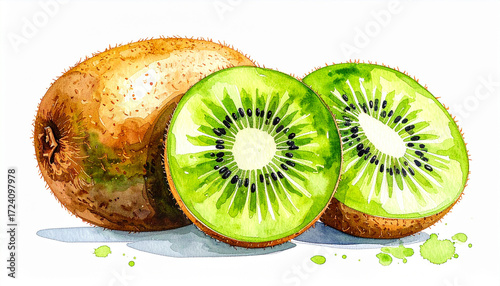 Fototapeta Naklejka Na Ścianę i Meble -  Watercolor painting of kiwi isolated on white background. Sweet, ripe and juicy fruit.