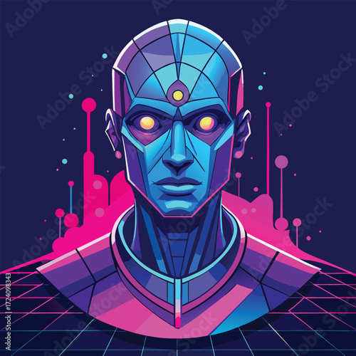 Futuristic holographic artificial intelligence head with vibrant neon digital glow and abstract geometric elements