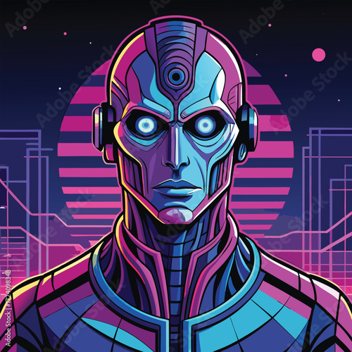 Futuristic cybernetic human face with glowing neon circuitry and robotic elements