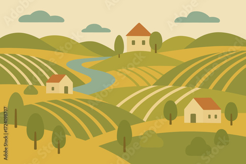 A charming countryside scene with rolling hills, fields, a river, and simple homes, capturing a peaceful rural atmosphere. Perfect for farm, nature, and landscape-themed designs.