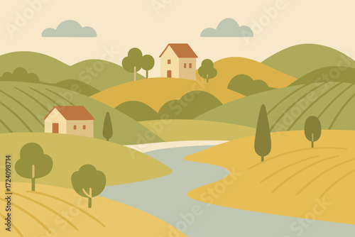 A tranquil rural landscape with rolling hills, a meandering river, and charming houses, evoking a peaceful countryside atmosphere. Ideal for nature, farm, and countryside-themed designs.