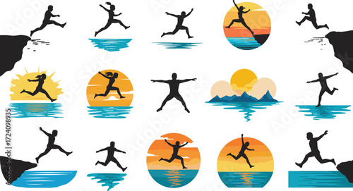 silhouette, person, jumping, cliff, sunset, freedom, leap, adventure, mountain, water, reflection, sky, action, pose, energetic, outdoors, motivational, scenic