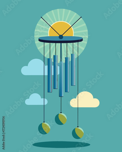 A whimsical wind chime made from a combination of solar panels and metal tubes producing soothing sounds and renewable energy.. Vector illustration