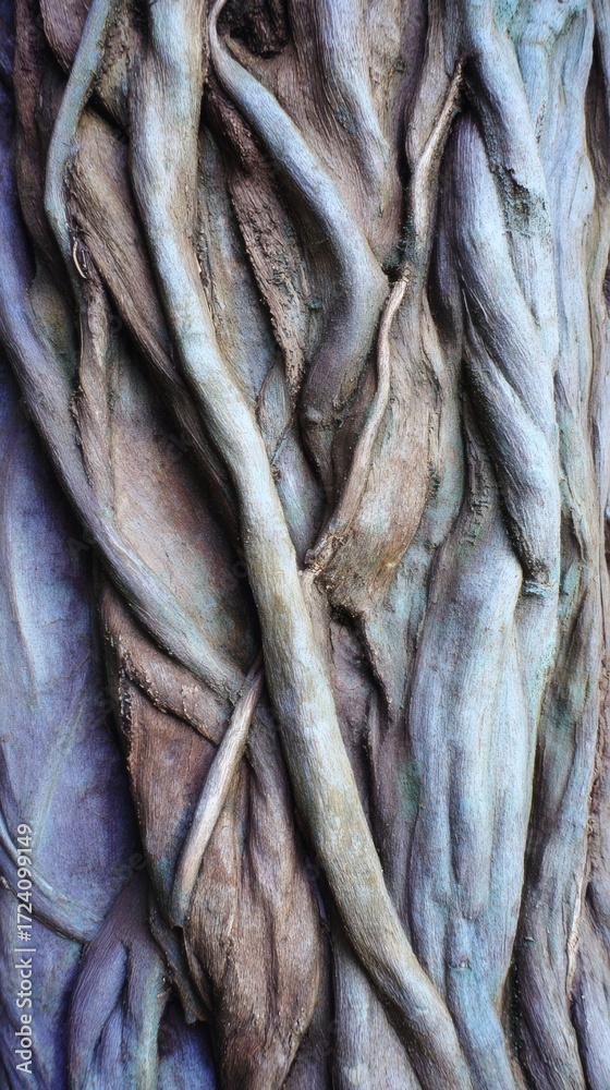 Obraz premium Intertwined Roots: A detailed macro view of a tree's exposed roots, showcasing a tapestry of natural forms, textures, and colors, illustrating the intricate bond between nature and earth.