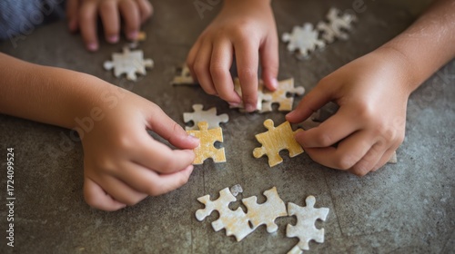 Two children's hands assembling a jigsaw puzzle