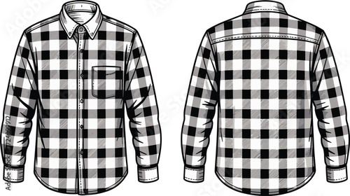 Men’s flannel shirt CAD flat sketch front and back view, long sleeve button down plaid shirt fashion template, vector technical drawing