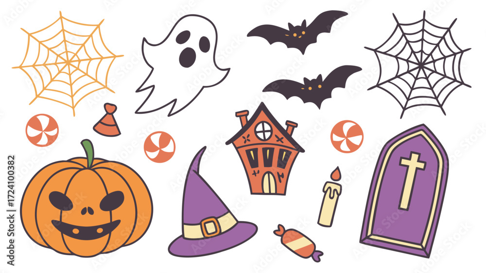 Fototapeta premium Halloween party design, and spooky decorations Fun cartoon vector collection