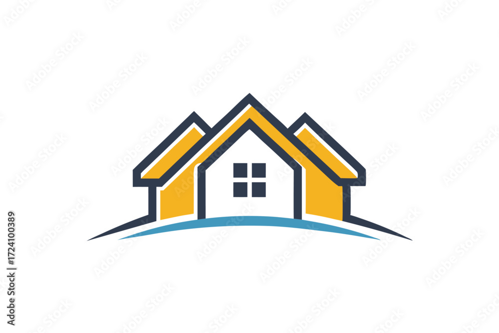 Fototapeta premium Three yellow and white roof outlines with window icons sit atop blue waves