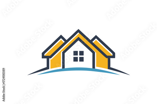Three yellow and white roof outlines with window icons sit atop blue waves