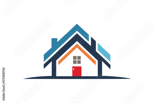 Blue tiered house emblem with red door and grey window stands alone clearly