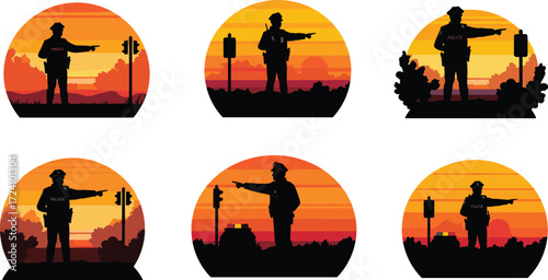 Police officer silhouette at sunset, directing traffic, giving instructions, law enforcement action, urban safety scene, dramatic patrol illustration