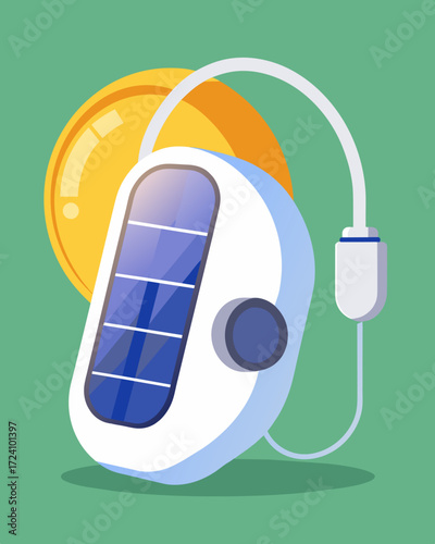 A solarpowered electronic hearing aid that can be charged and used onthego reducing the need for disposable batteries.. Vector illustration