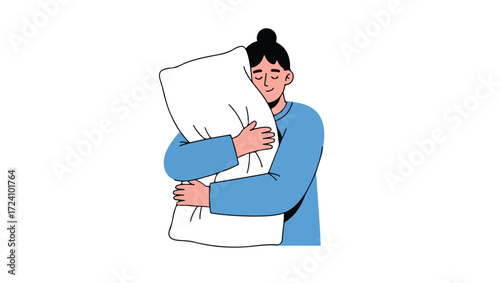 Woman embracing a pillow, peaceful slumber, comfort, relaxation, rest.