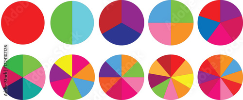 Pie chart color icons. Segment slice sign. Circle section graph. 1,2,3,4,5,6,7,8,9,10, segment infographic. Pie chart set. Wheel round diagram part symbol. Three phase, six circular cycle.