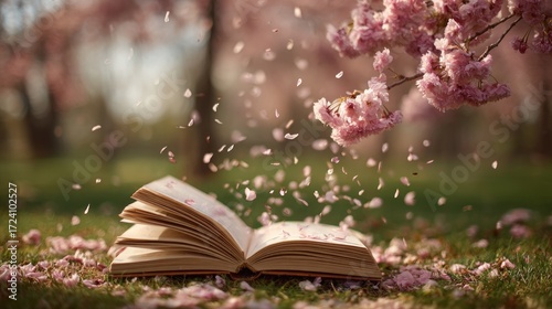 Open book in spring blossoms