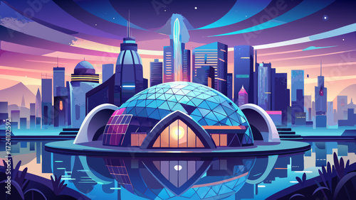 very beautiful futuristic cityscape featuring giant dome structure surrounded by water, illuminated at dusk. skyline showcases modern skyscrapers reflecting in water