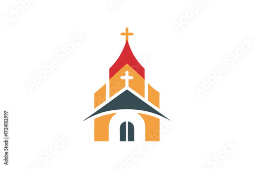 Geometric church building with a cross features minimalist design, red roof, and orange walls