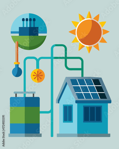 An energysaving cooling system that works in conjunction with solar panels to store excess energy for use during peak hours reducing strain on the power grid.. Vector illustration
