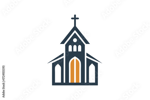 Simple church architecture with religious cross symbol in blue and gold tones displayed plainly