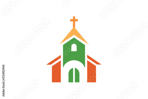 Minimalist church structure showcases a cross on its steeple, featuring green and orange hues