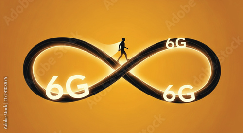 A silhouette person walks across an infinity symbol representing 6G technology. EPS Vector 