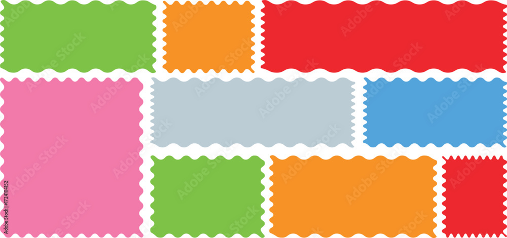 Obraz premium Set of colorful zigzag edge, scallop edge shape. Set of jagged ellipses elements. Rectangle shape frame with zigzag edge. Geometric zig zag wavy stickers.