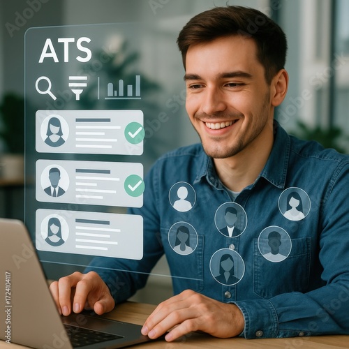 Engaging job applicant tracking system demonstration corporate office digital media professional environment close-up view recruitment technology