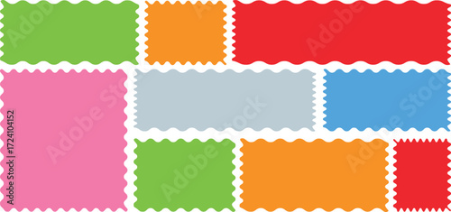 Set of colorful zigzag edge, scallop edge shape. Set of jagged ellipses elements. Rectangle shape frame with zigzag edge. Geometric zig zag wavy stickers.