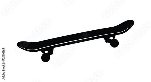 A simple black skateboard isolated against a plain white background silhouette