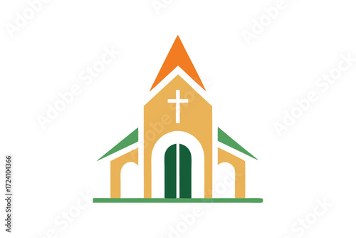 Simple yellow church with green accents displays a white cross at its apex