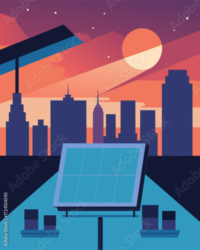 A rooftop cinema utilizing solar panels to power the screen and projector while offering stunning views of the city skyline.. Vector illustration