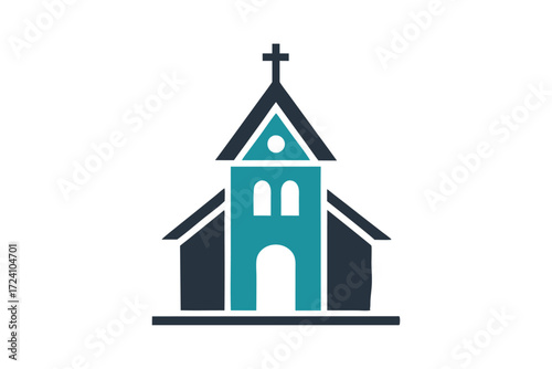 Minimalist church building icon in blue and gray against white background