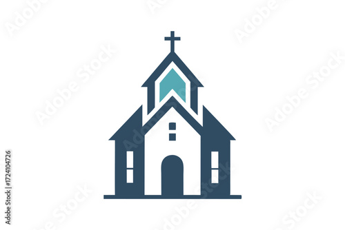 Silhouette of a simple teal topped steeple with cross atop a Christian building