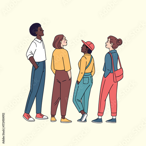 Modern illustration of a multi-ethnic team or audience looking towards a goal. Collaboration and vision