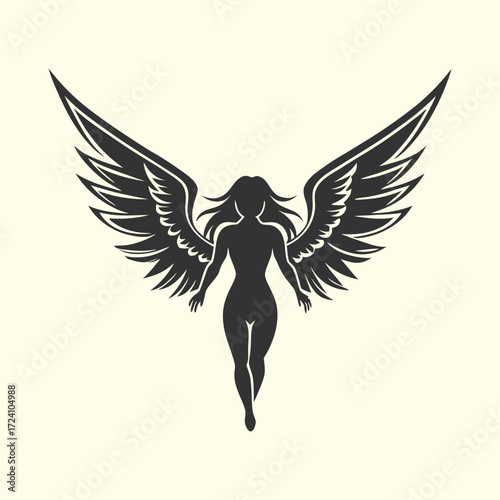 Black silhouette of a winged woman or angel flying. Goddess, valkyrie, or fairy logo or emblem. Freedom concept.