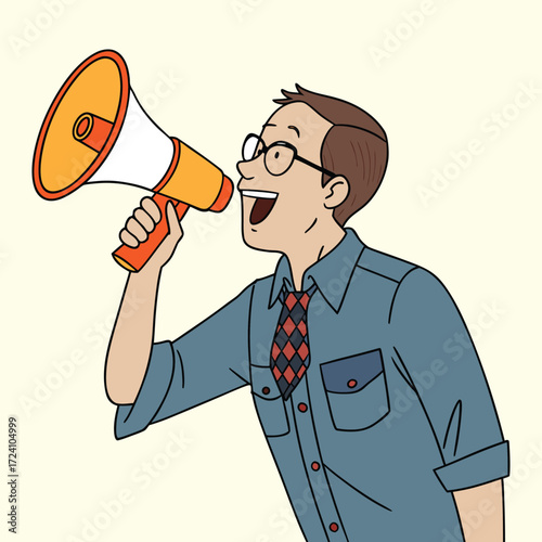Man shouting into a megaphone or bullhorn. Promotion, announcement, marketing or sales advertisement concept. Flat vector illustration