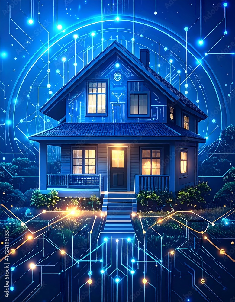 Naklejka premium A modern house, bathed in night, is surrounded by a network of glowing, interconnected lines. Digital schematics cover its facade, symbolizing a smart home