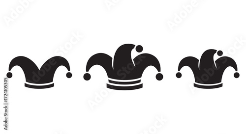 Three black jester hats displayed in a simple minimalist silhouette