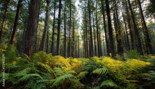 Lush forest floor bathed in sunlight