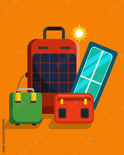 An emergency kit specifically designed for travelers including a solarpowered battery pack and portable solar panel for charging devices in unfamiliar locations without access to. Vector illustration