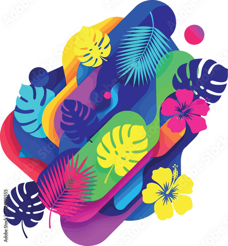 Dynamic and colorful abstract composition featuring exotic jungle plants, monstera leaves, and hibiscus flowers for a summer theme