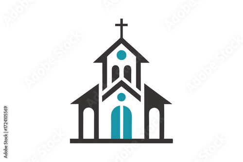 Isolated structure shows a church facade with a cross at the roofline peak