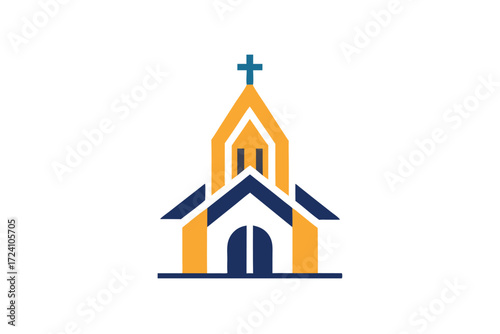 Simple geometric church structure features an orange steeple and a dark blue cross