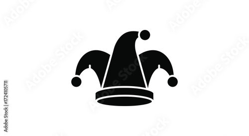 A stark black jester hat graphic on a white background silhouette