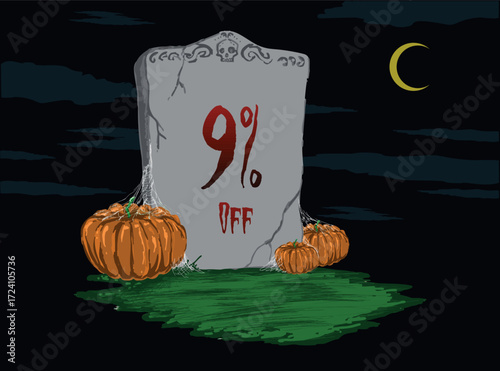 9% off Tombstone sticker with pumpkins at night with a half moon in the sky - Halloween