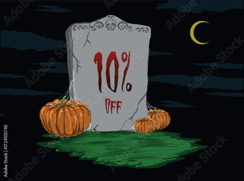 10% off Tombstone sticker with pumpkins at night with a half moon in the sky - Halloween